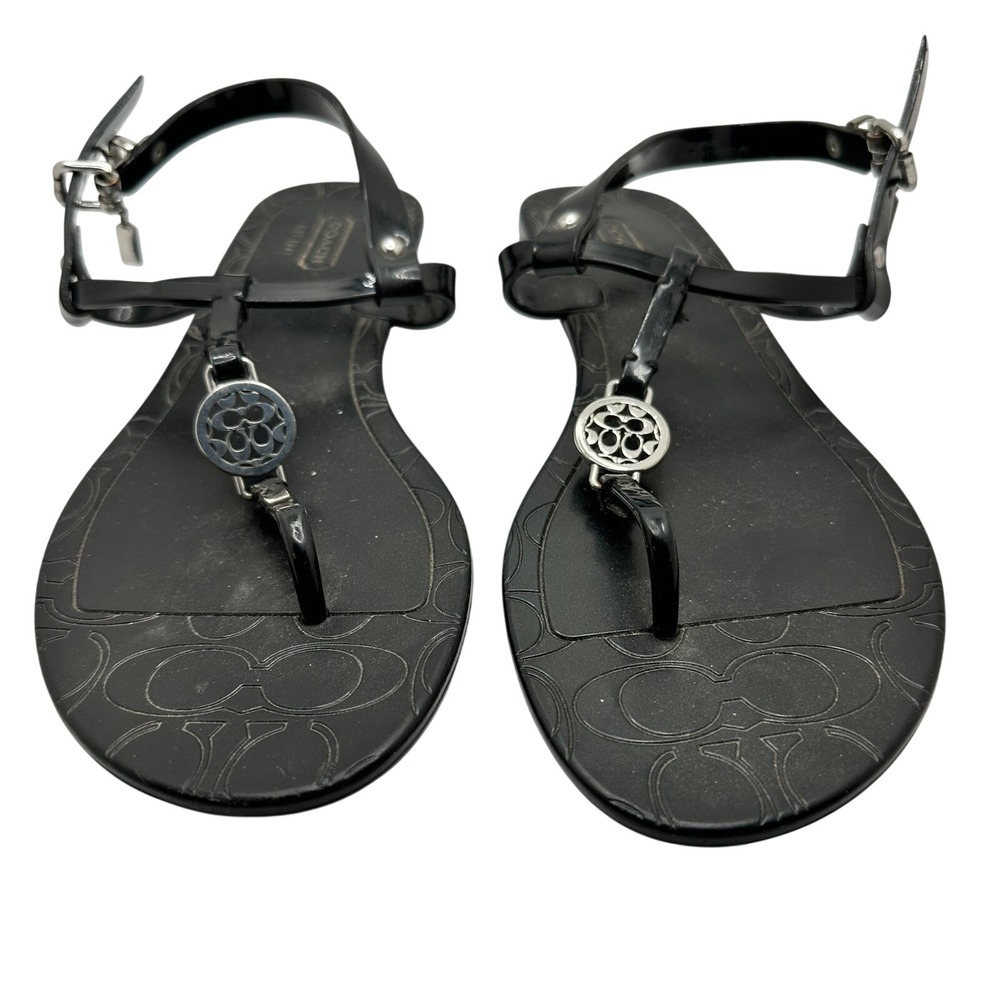 Coach Womens Pansy Sandals Size 7 Black Jelly T-Strap Thong Slingback Medallion